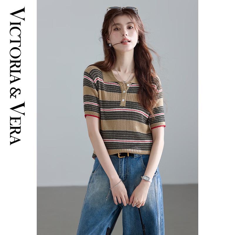 VICTORIA&VERA Women s Lyocell Linen Blend Stripe Polo Top L