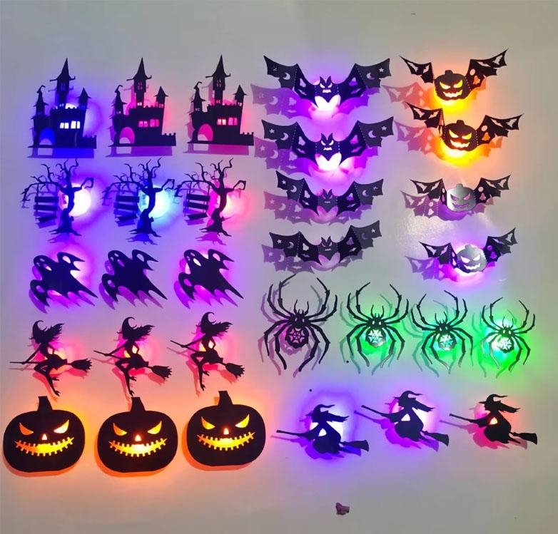 LED 3D Stereo Halloween Muurstickers met Nachtlampje Halloween Thema Feestelijke Party Scare Decoratie Uitgesneden Feestelijke Benodigdheden 30Pcs