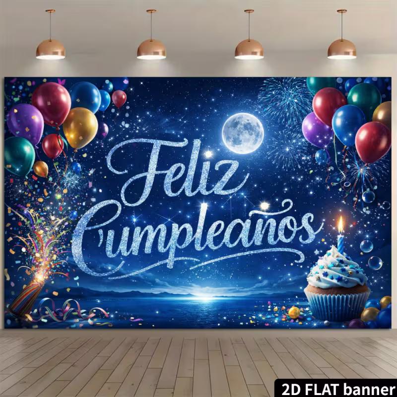 2D Spanish Happy Birthday Backdrop, Feliz Cumpleaños Starry Night Photography Background 47.2x31.5inch/120*80cm