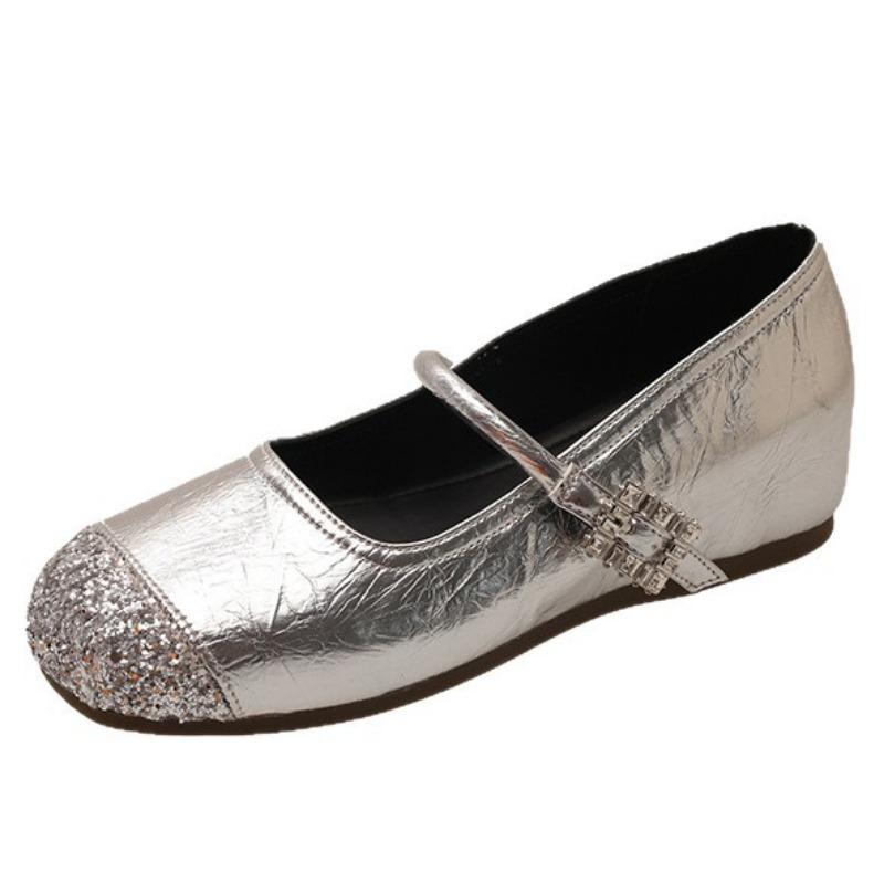 With skirt Mary Jane shoes single shoes women's spring and summer new flat beanie shoes silver small leather shoes