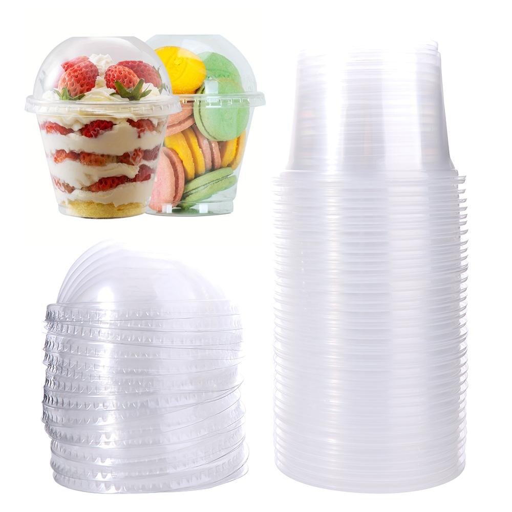 50 ks Průhledné jednorázové plastové kelímky na pití s kupolovitými víčky, nádoba na jogurt, dezertní kelímky, salát