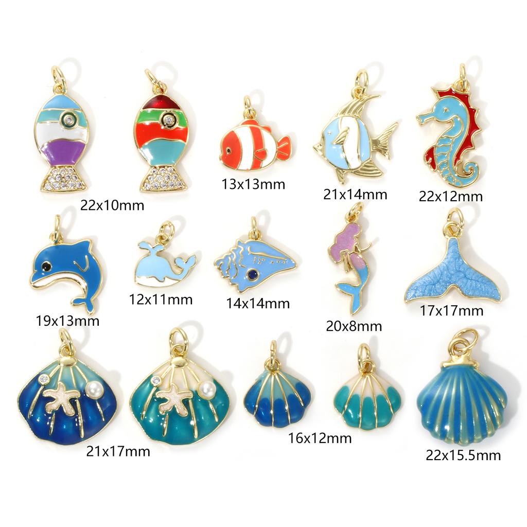 2 Piece Brass Ocean Jewelry Blue Charms 18K Real Gold Plated Enamel Fish Seahorse Dolphin Whale Conch Shell Pendant Necklace DIY