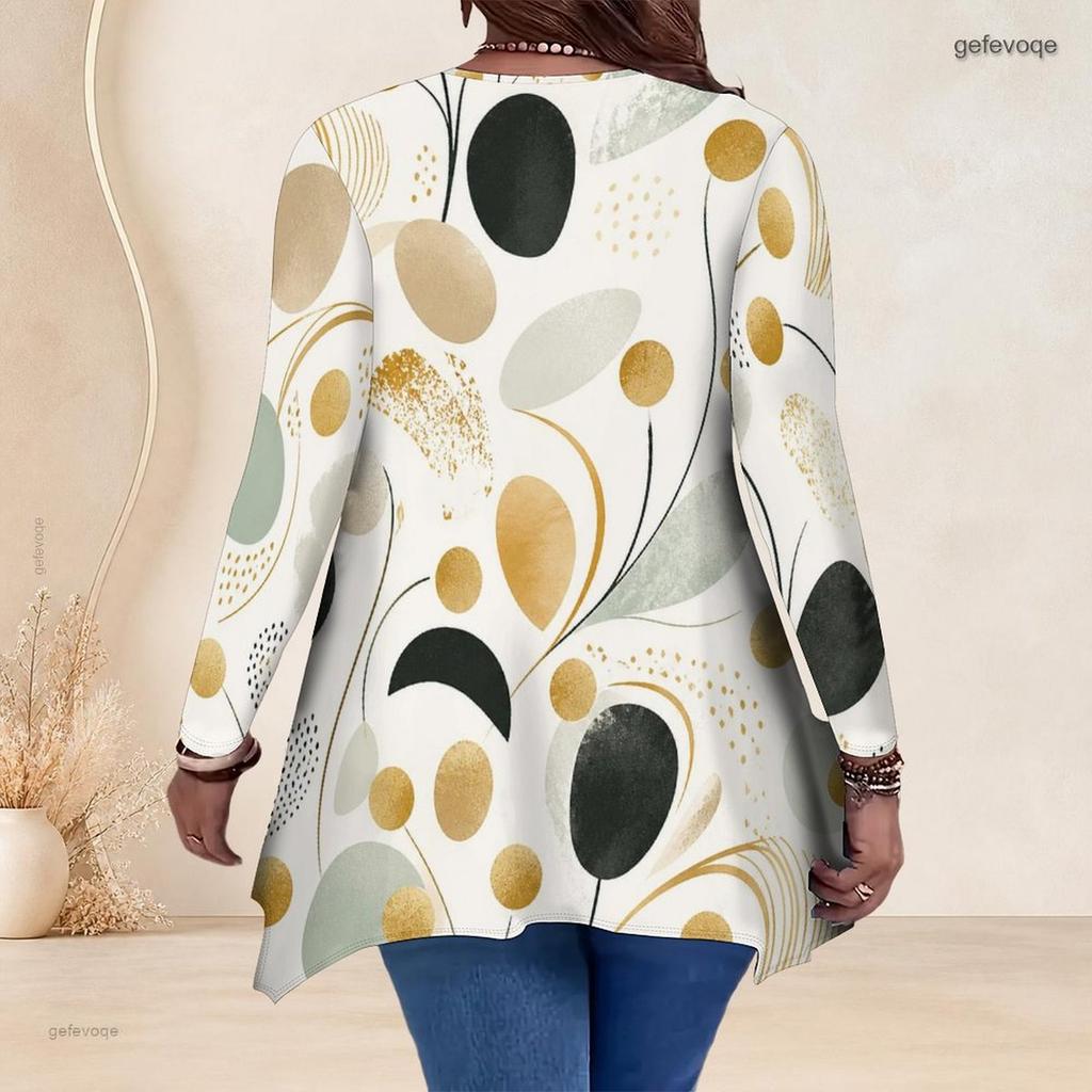 Women Plus Size V Neck Long Sleeve Irregular Split Hem Tunic Top Black Golden Swirl Print