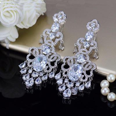 WWJ Hochwertiger Abendkleid-Schmuck, Zirkon, großer Tropfen-Hochzeits-Langohrring für Frauen