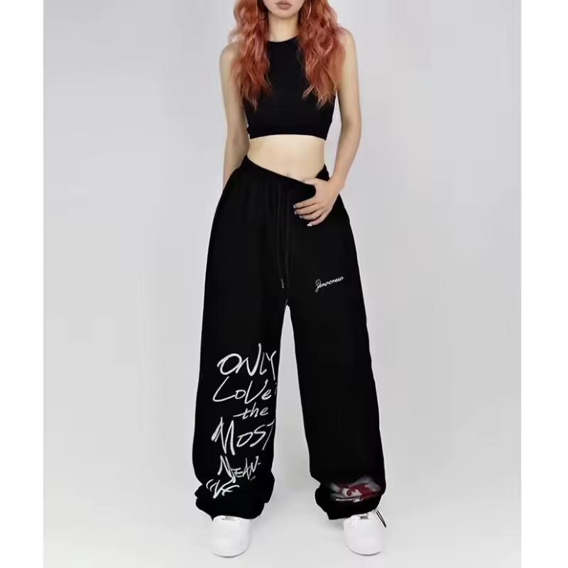 Drawstring Design Sweatpants Women High Street Hip-hop Wide Leg Pants Women Summer All-match Long Trousers