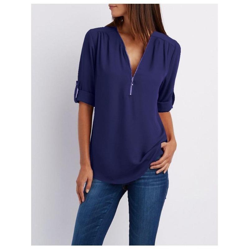 Women's Plus Size Loose Fit V-neck Chiffon Shirt with Long Sleeves and Adjustable Zipper