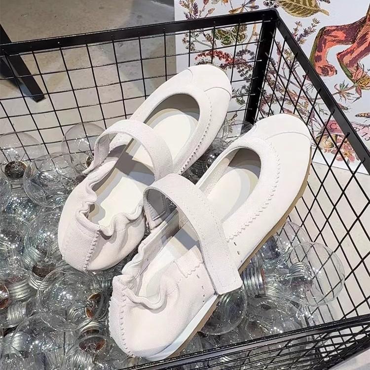 Round Head Shallow Mouth Matte Mary Jane Shoes Women's Flat Leather Velcro Word with Ballet Retro Casual Shoes