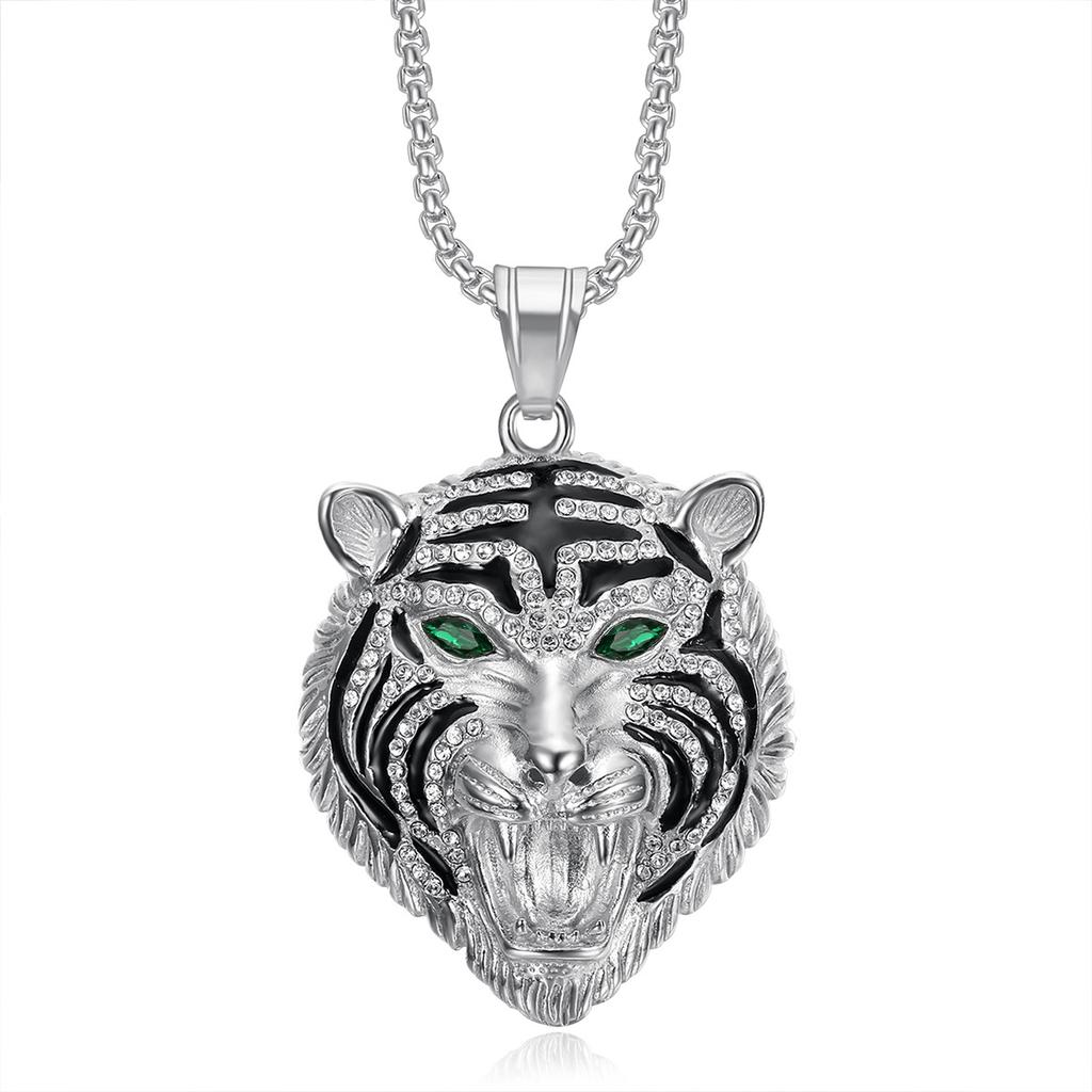 European and American Hip-hop Accessories: Gold-plated Full Diamond Red-green Eye Tiger Head Pendant Necklace