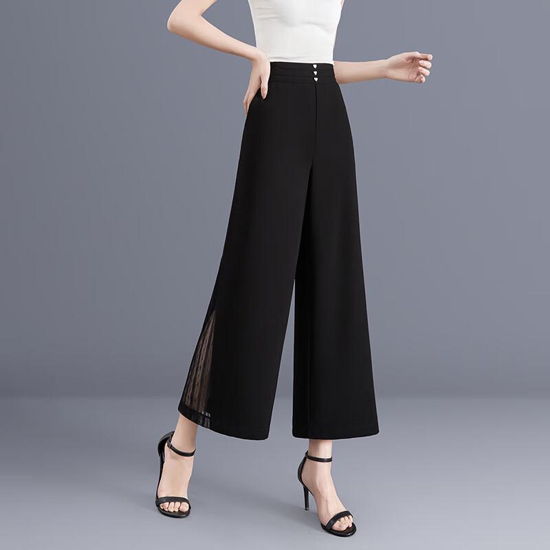 Shechi Women's High-Waist Mesh Spliced Wide-Leg Cropped Pants