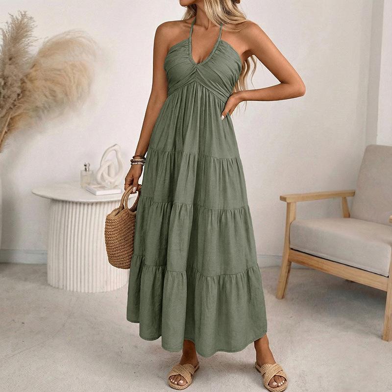 Women's Summer Flowy Maxi Dress Halter Neck Ruched Smocked Boho Beach Vacation Sundress