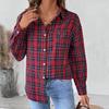 Women Streetwear Long Sleeve Tee Shirt Turndown Collar Grid Top Blouse Casual Wear Ladies Fashion