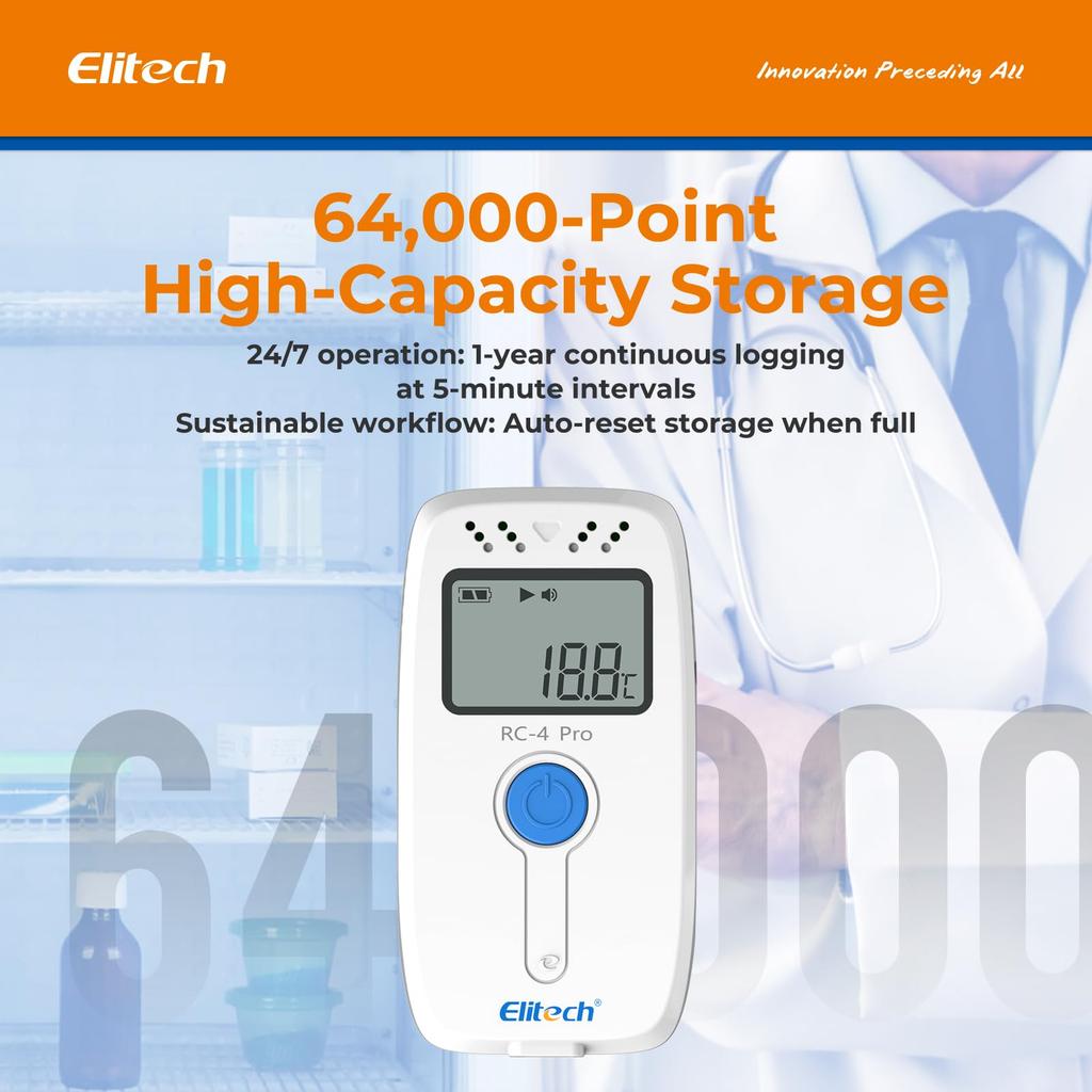 Elitech RC-4H Pro Mini Temperature and Humidity Data Logger: USB Connectivity, 64,000 Data Points Recording Capacity, with Alarm Function, Suitable Fo