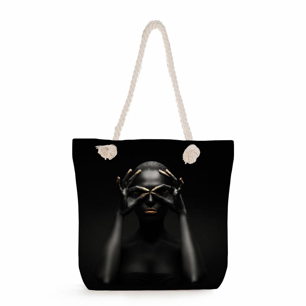 Multifunctional Cool Black People Printed Thick Rope Shoulder Beach Bag Casual Large Capacity Handbag 0114