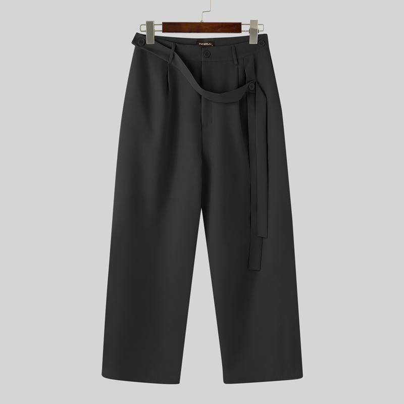 

INCERUN S-5XL High Waist Belt Lace Up Pants Casual Long Straight Trousers 4XL чёрный