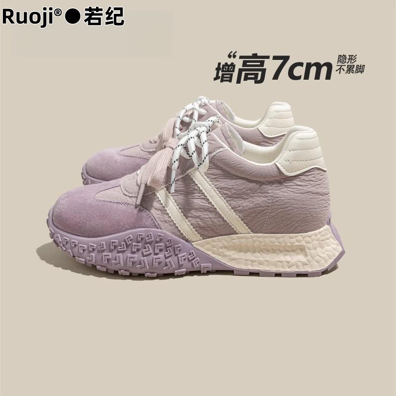 [Ruoji] Color Matching Thick-soled Inner Height-increasing Forrest Gump Shoes Women's Spring 2025 Lace-up Round Head German Training Shoes Casual Shoe