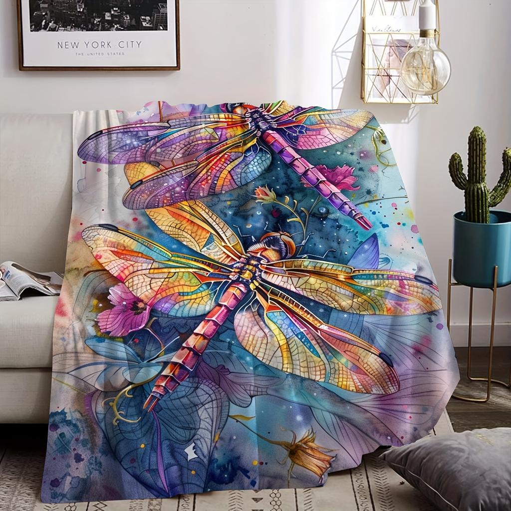 Coastal Style Dragonfly Pattern Throw Blanket, Vibrant Animal Themed Soft Flannel Fleece, All Seasons Knitted Blanket with Uniqu