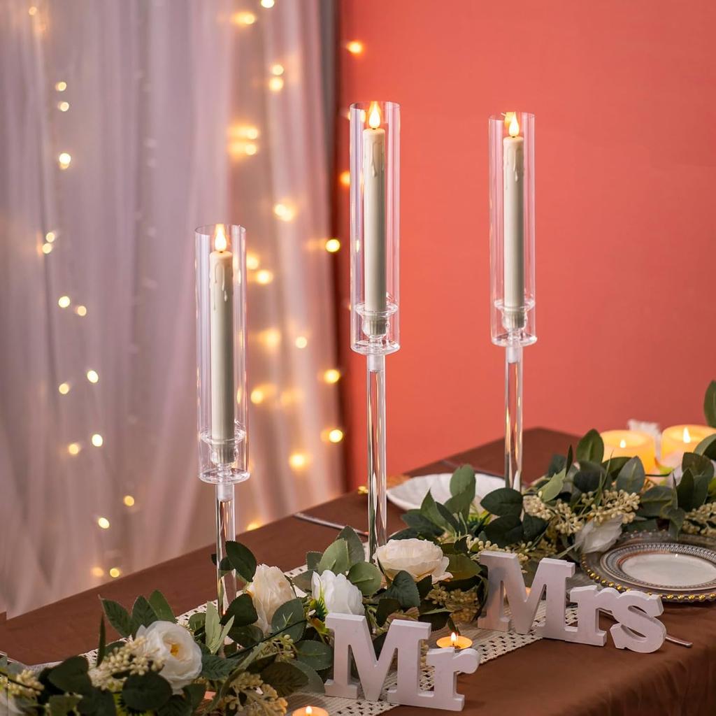 Taper Candlestick Holders for Table Centerpiece, 3Pcs Acrylic Candle Holder for Taper Candles, Clear Hurricane Candle Holder