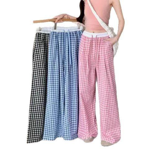 1116 New Pink Plaid Wide Leg Pants Women's Korean Simple Loose Casual Pants Versatile Comfortable Home Pants