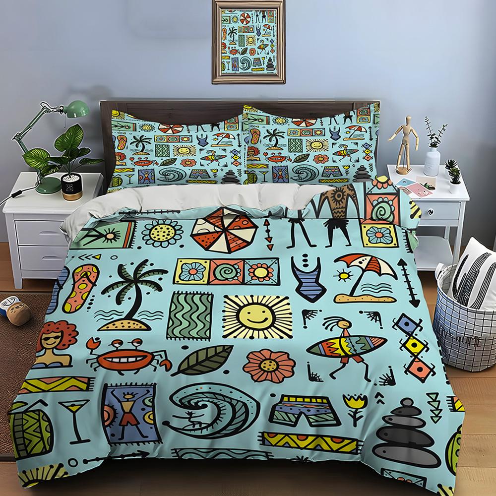 Summer beach hand-drawn patterns Print Soft Comfortable Duvet Cover Bedding Set Included 1*Duvet Cover 2*Pillowcases