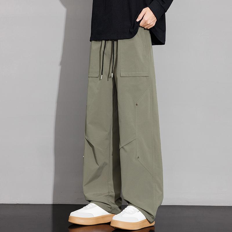 Spring Autumn Loose Casual Elastic Waist Folds Waterproof Pants Male Solid Pocket All-match Straight Trousers Men