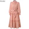 ZANZEA Women Casual Turn Down Collar Long Sleeve Loose Dress