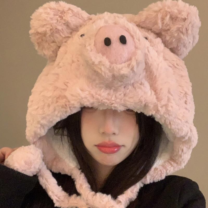 Furry Pig Ear Hat for Adult Teens Plush Earflap Hat for Shopping Skiing Windproof Beanies Hat for Cold Weather Headwear