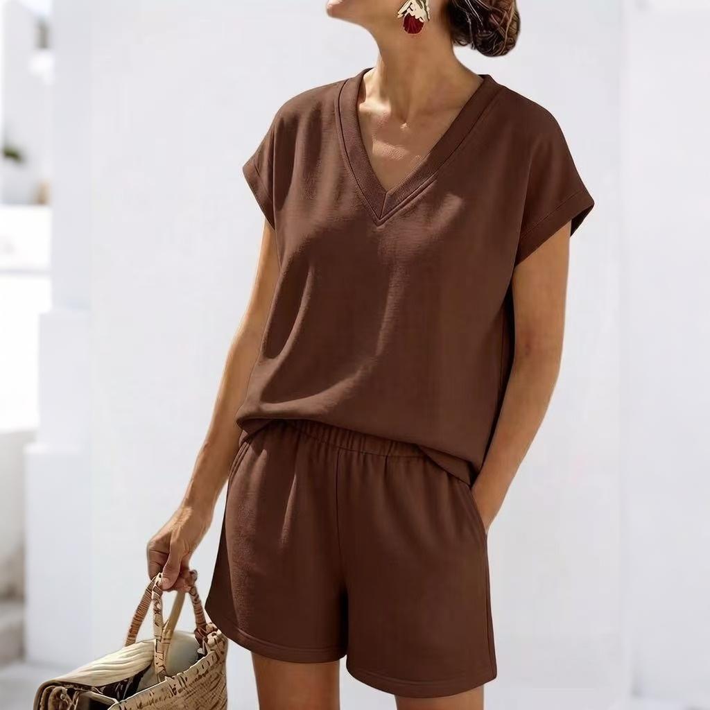 Completo Due Pezzi da Donna con Top a Manica Corta e Pantaloncini Vestibilità Larga Scollo a V Abbigliamento Rilassato per Uso Quotidiano