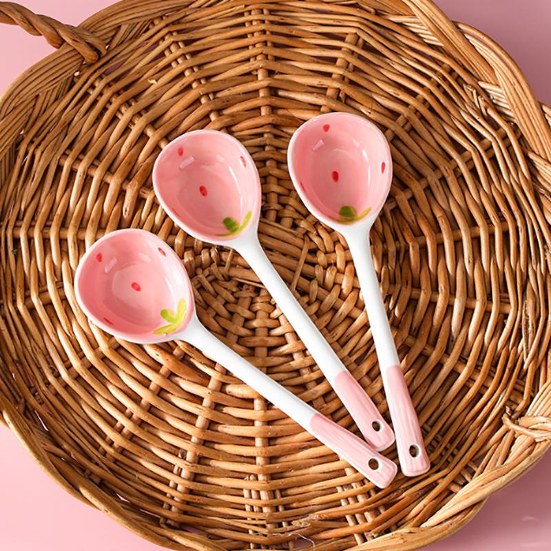 Kawaii Strawberry Ceramic Soup Spoon Cute Korean Ice Cream Hand Painted Coffee Dessert Long Handle Spoon Kitchen Accessories