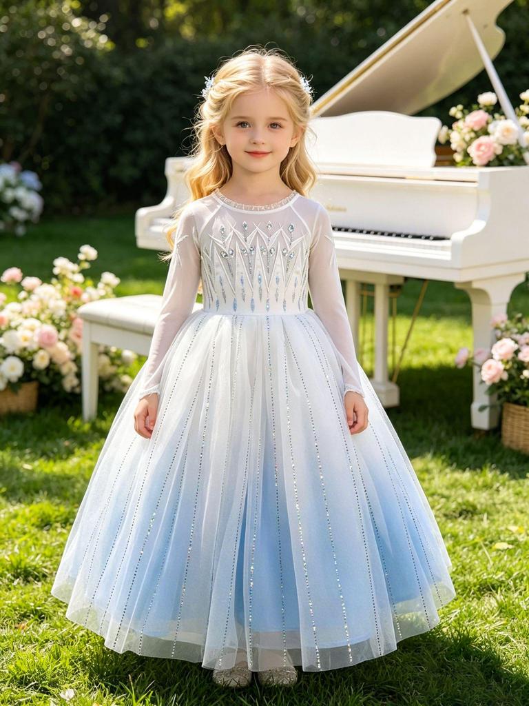 Elsa-Style Embroidered Beaded Girls' Ice Queen Dress: Birthday and Piano Performance Gown