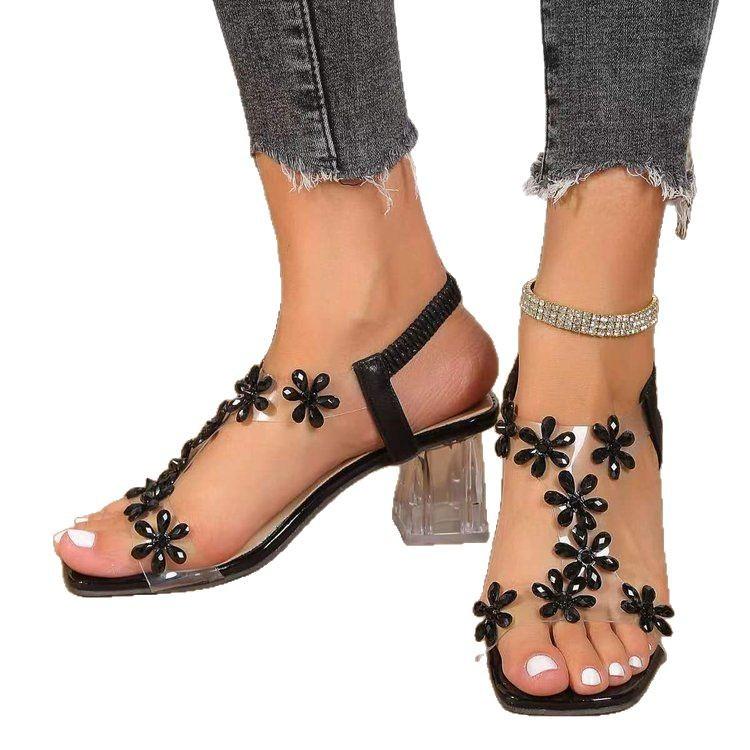 Fashion large size women's sandals 2025 spring and summer new square head crystal thick heel medium heel transparent women's high heels