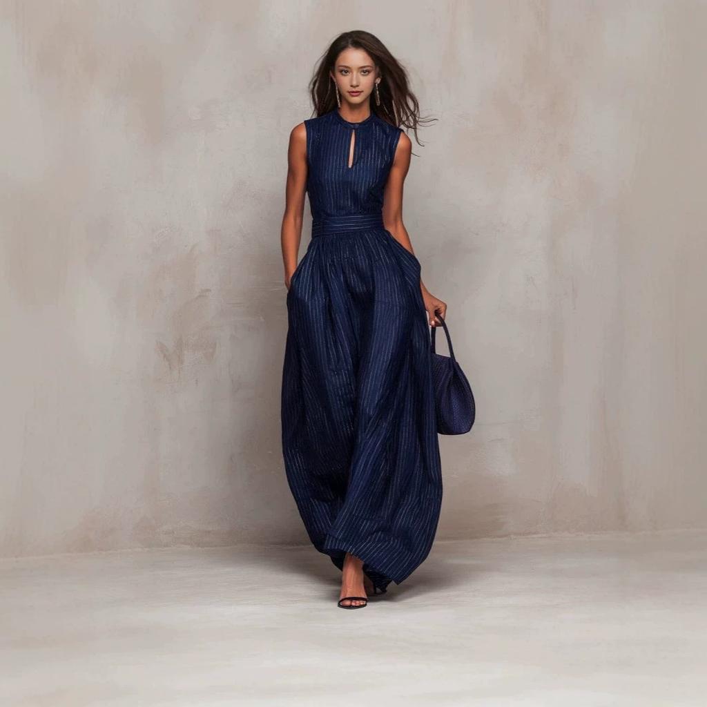 Tuta da donna a halter senza maniche a righe, vita media, gamba larga, pantaloni lunghi, per la primavera, uso quotidiano