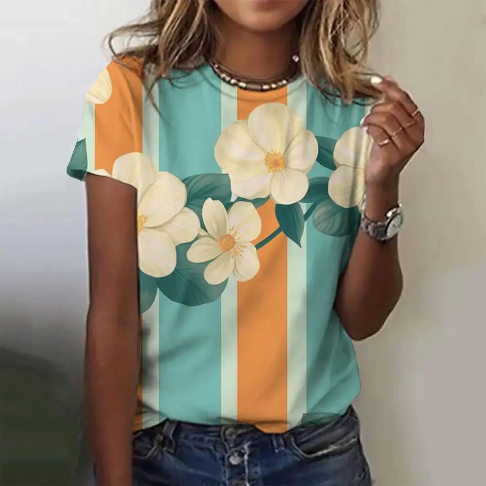Summer Women Trend T-shirt 3D Printed Floral Stripe Tops Tees Female Fashionable Short Sleeve Clothing Casual Stylish Outfit