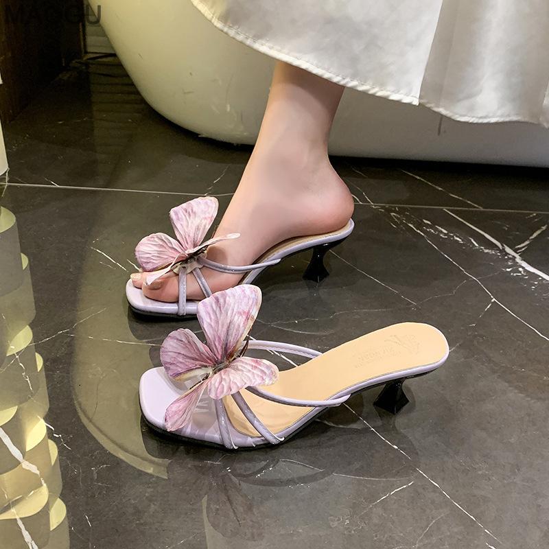 Fashion Square Toe Slippers Women Sexy Butterfly High Heels Summer Slide Shoes for Beach Vacation Comfortable Pantuflas Mujer