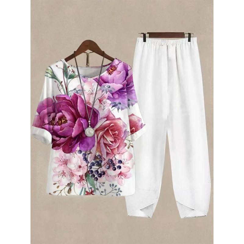 

Модный стиль Модный Элегантный Трансграничный Новинка Женская одежда Повседневная футболка с круглым вырезом и рукавом до локтя С принтом Костюм-двойка Мода Big red flower + white pants M