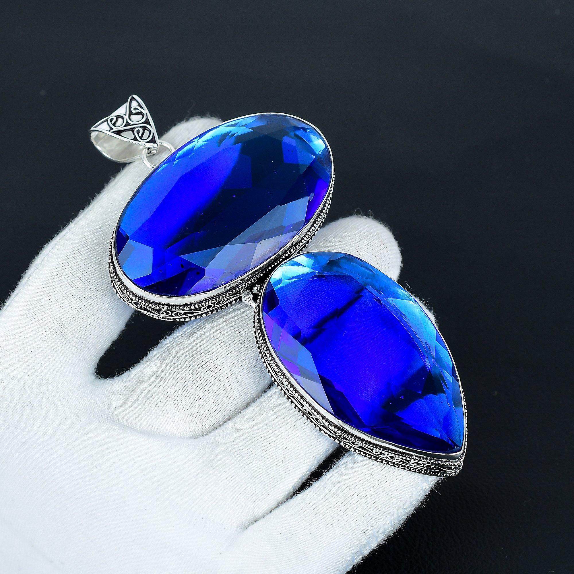 

Лондонский голубой топаз гигантский размер драгоценный камень ручная работа 925 стерлинговое серебро ювелирная подвеска, подвеска большого размера для подарков, подвеска с двойным голубым топазом 2.54 синий