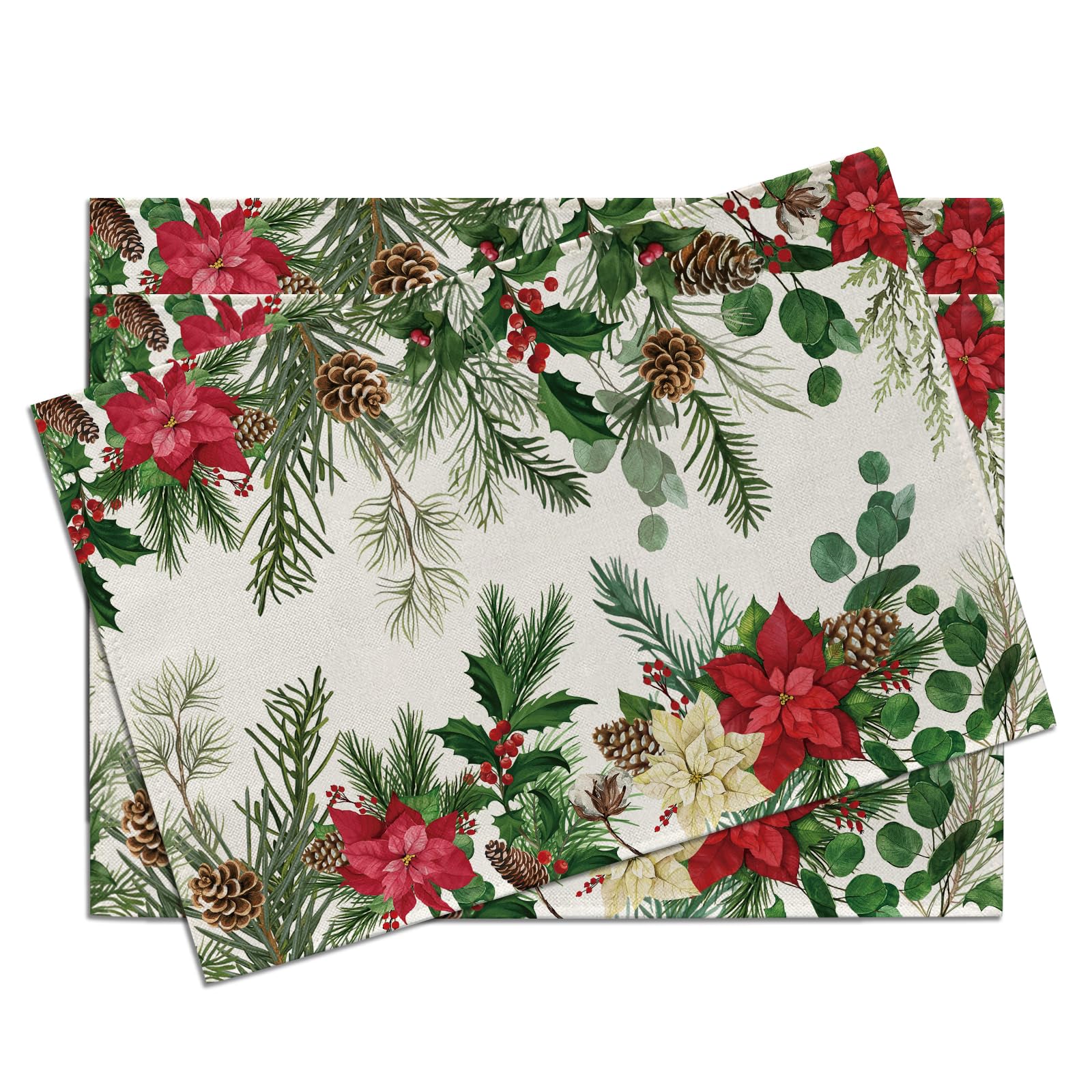 

Christmas Poinsettia Placemats Set of 4, Xmas Pine Branches Cones Holly Berries Eucalyptus Leaves Dining Place Mats Table Decor 4Pcs-12 X18