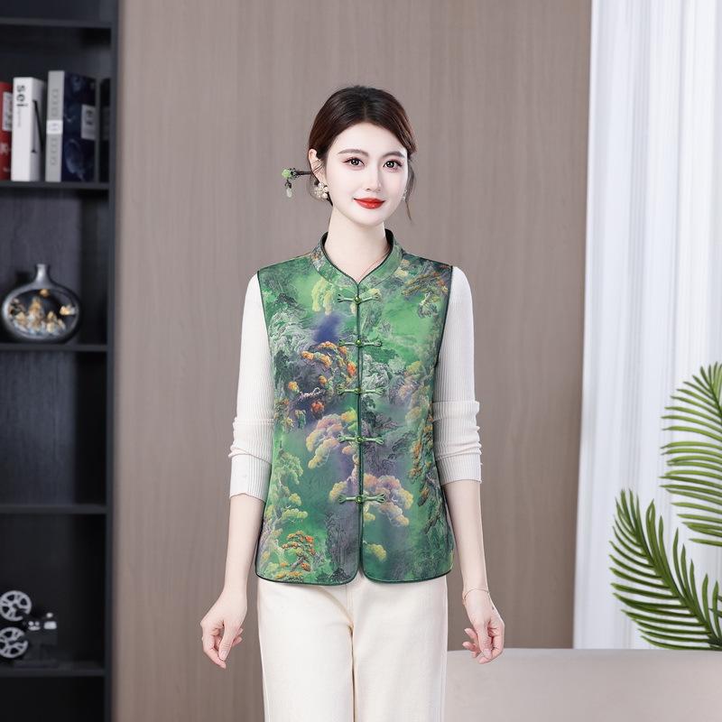 2026 New Traditional Chinese Style Spring Vest for Women - Loose Fit Cardigan for Mid-Aged & Elderly