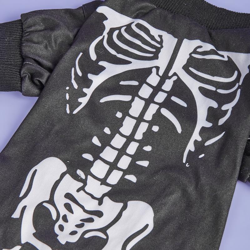 Halloween Dog Skeleton Jumpsuit, Black Pet Onesie with White Bone Print, Small Dogs Cat Pet Clothes for Halloween Dress Up Party