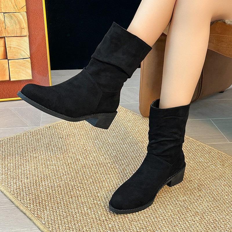Fashion British Knight Boots Autumn Retro Suede Thick Heel Western Cowboy Boots Women's Versatile Mid-Calf Boots Designer Women Shoes