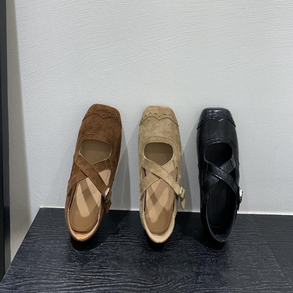 Korean version of niche flat-bottomed crossed Mary Jane shoes, early autumn retro brown square head ballet