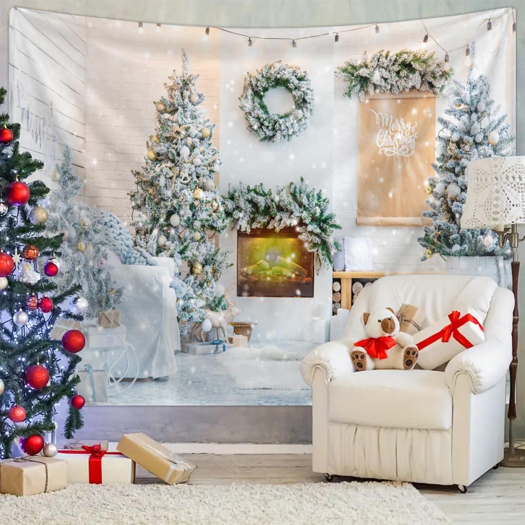 1pc Christmas Tapestry, Christmas Tree Fireplace Snow Background Cloth, Christmas Party Photography Background Wall Cloth