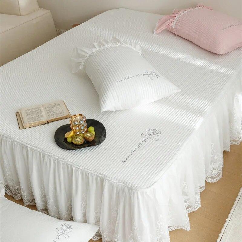 

Романтическая белая кружевная хлопковая юбка на кровать, стеганое покрывало с вышивкой, роза, королева, королевский размер, простыня с 2 наволочками 150x200cm 59x79inch