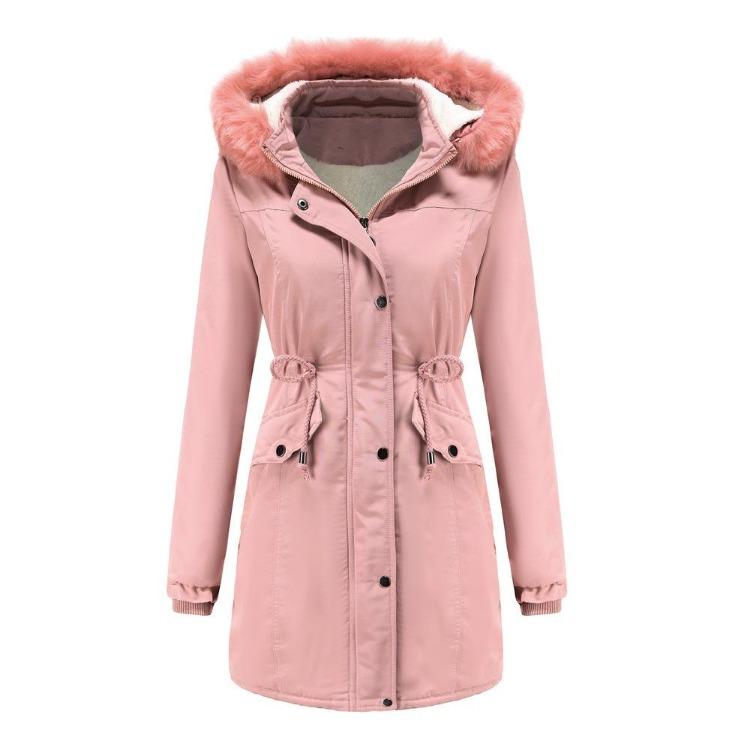 Women s Warm Cotton Coat with Removable Cap Big Fur Collar Thickening Plus Velvet Winter Coat M