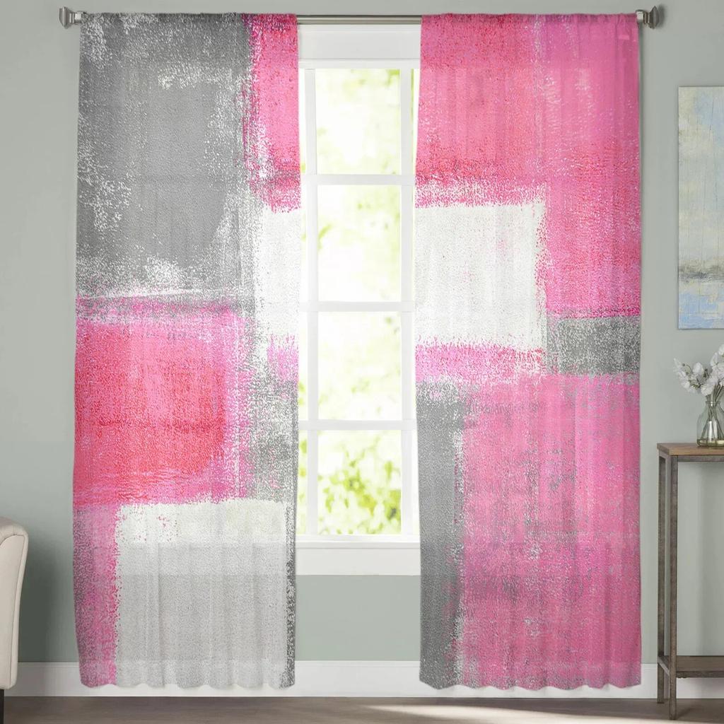 Oil Painting Abstract Texture Pink Bedroom Transparent Sheer Curtains Holiday Decoration Window Voile Tulle Curtain
