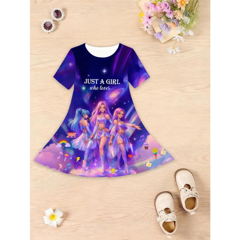 This Summer 3D Printed Short-sleeved Dress for Girls Features A Round Neck,