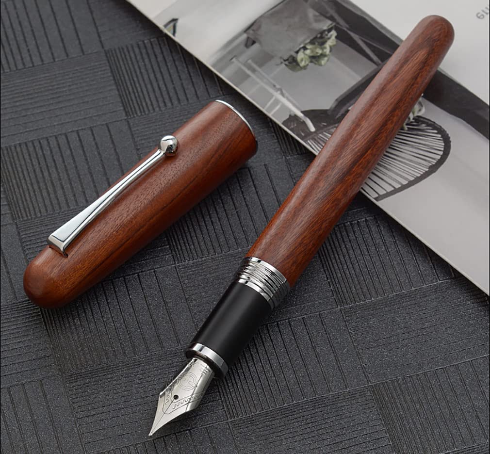 Gullor Natural Wood Fountain Medium Ink Screw Silver Clip Pen, Nib, Converter, Cap,