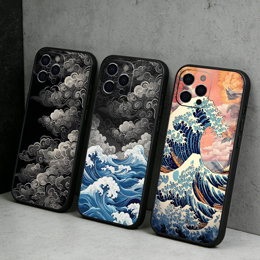 Japanese Ukiyo-e Waves Parinting Phone Case For iPhone17,16,15,14,13,12 Plus,Max Soft Silicone Black Cover