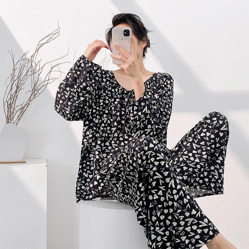 Cotton silk pajamas women's spring summer thin long-sleeved trousers floral round neck cotton pullover breathable loungewear set autumn