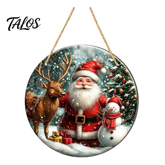 Rustic Christmas Wall Decor Wooden Round Hanging Sign, Santa Claus Highland Cow Winter Theme Farmhouse Holiday Art Door Decor, Welcome Ornament