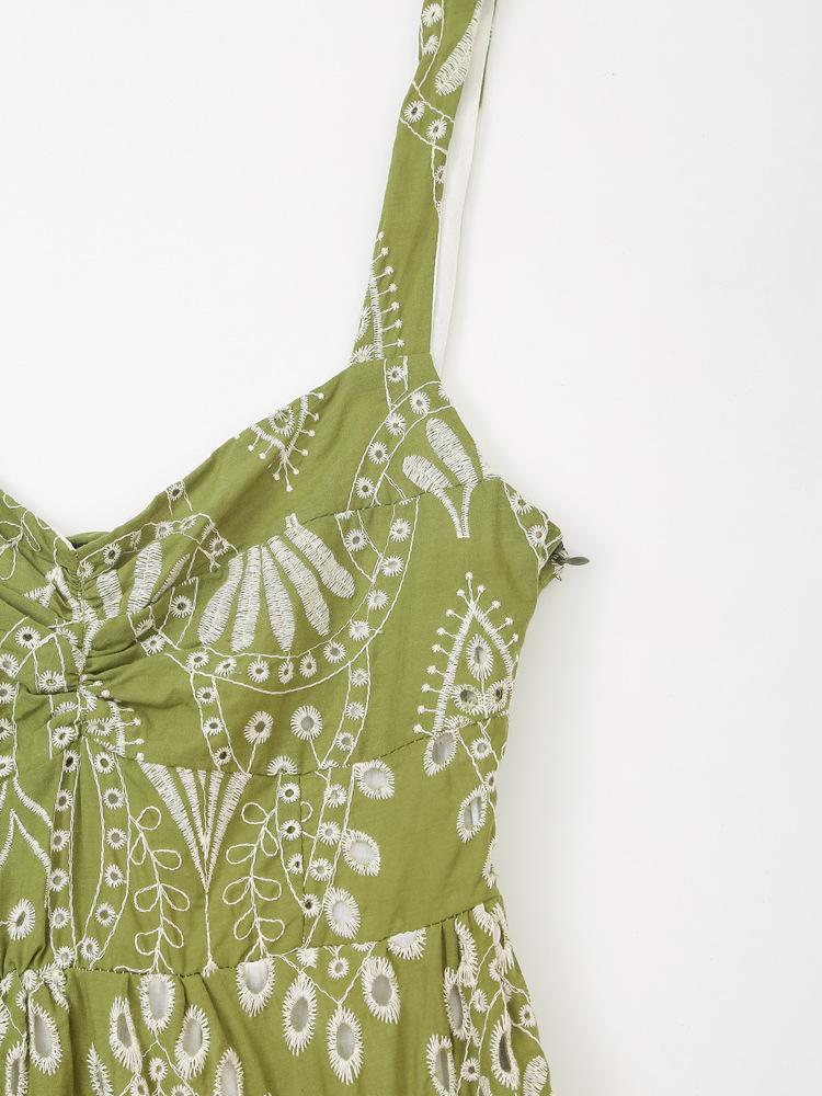 2025 Summer Women's European and American Style Hollow-out Embroidery Midi Dress with Spaghetti Straps